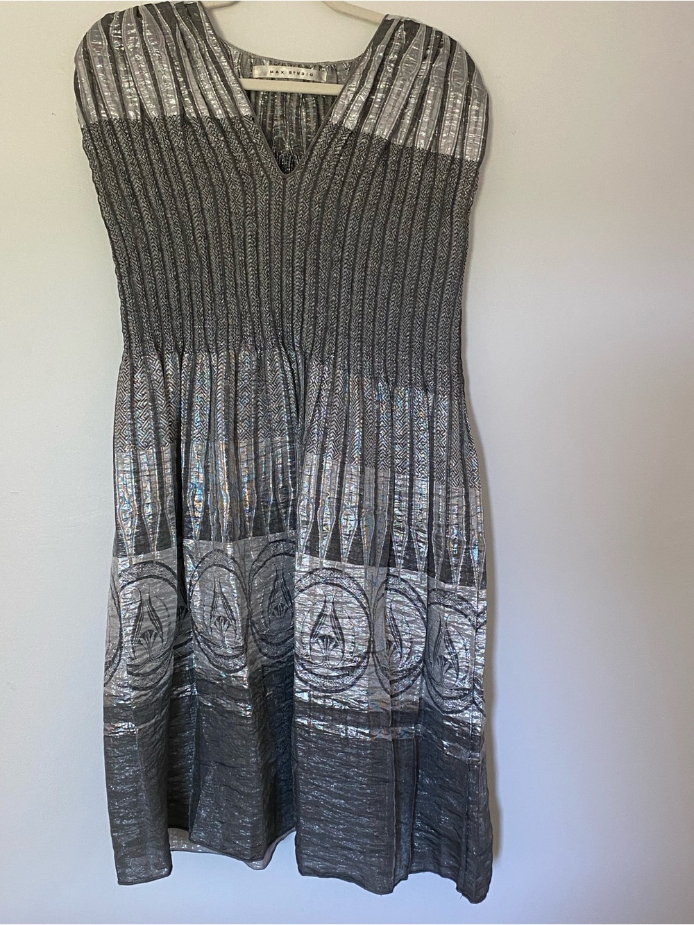 Max Studio Metallic Silver & Gray Pleated Knit Midi Dress